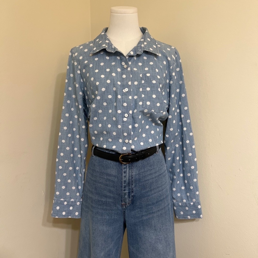 Tommy Hilfiger Womens 100% Cotton Blue Polka Dot Chambray Button Down Shirt L
